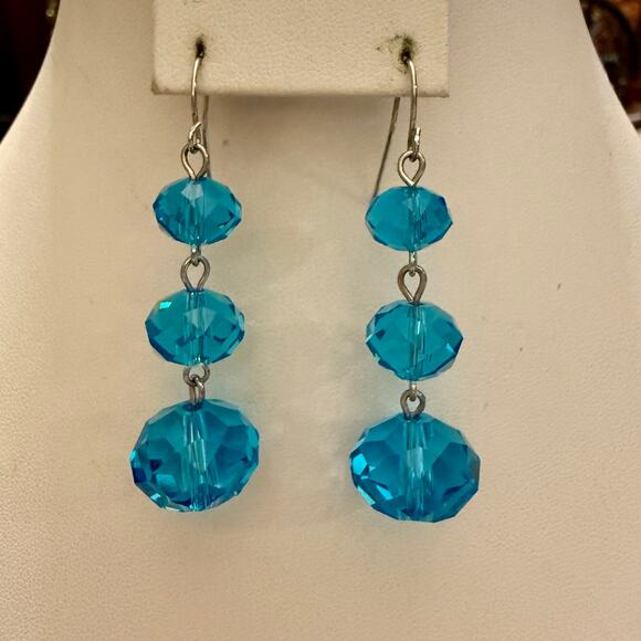 Light Blue Faceted Triple Glass Bead Drop Earrings - Picture 3 of 4